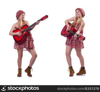 Guitar player woman isolated on white