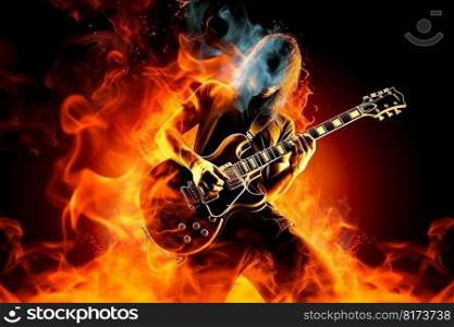Guitarist take on fire. Rock stage music. Generate Ai. Guitarist take on fire. Rock stage music