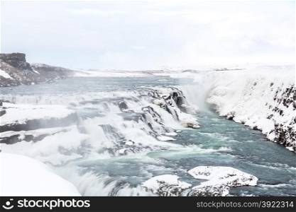 Gulfoss Golden Falls waterfall Iceland in winter