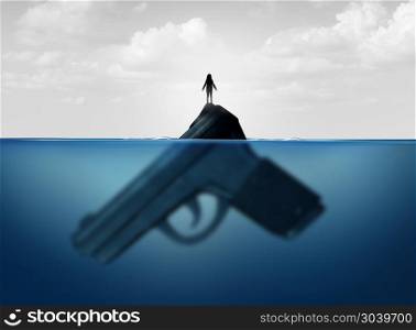 Gun concept as a child standing on a giant firearm submerged in water as a symbol for guns and violence and the risk of weapons on vulnerable children with 3D illustration elements.. Gun Concept