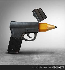 Gun education or guns safety learning or school shooting concept as a handgun pistol shaped as a pencil as a 3D illustration.