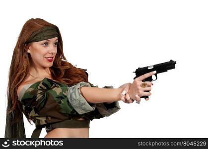 Gun toting beautiful young woman soldier with a pistol