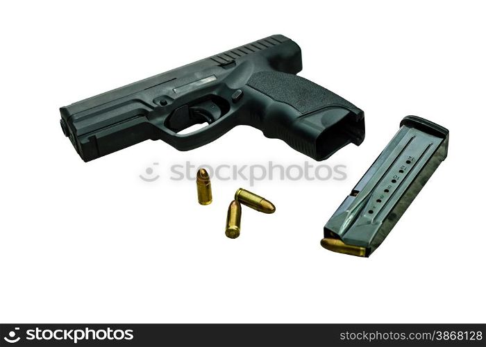 Gun with magazine and ammo on white with clipping path