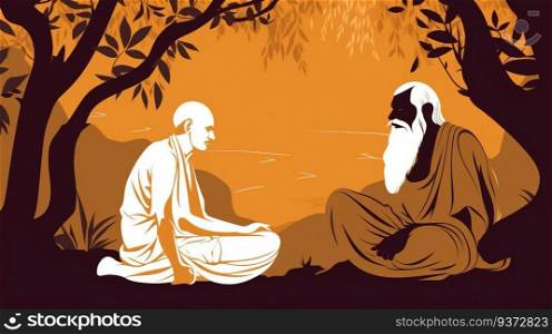 Guru Purnima, Buddhist religious holiday event of teacher and student. Graphic illustration. Header banner mockup with copy space. AI generated.. Guru Purnima, Buddhist religious holiday event of teacher and student. AI generated.