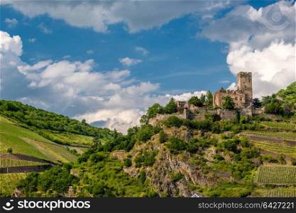 Gutenfels (Caub) Castle and vineyards at Rhine Valley (Rhine Gorge) near Kaub, Germany. Built in 1220.