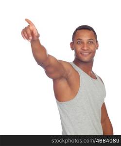 Guy boy pointing something isolated on a white background