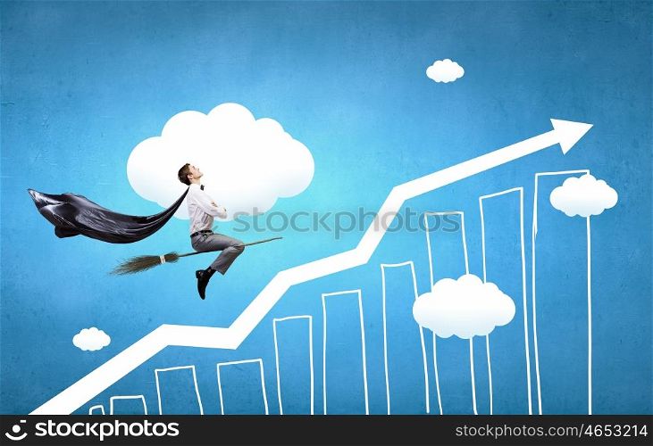 Guy on broom. Young businessman flying on broom and growth concept