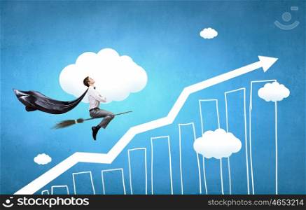 Guy on broom. Young businessman flying on broom and growth concept