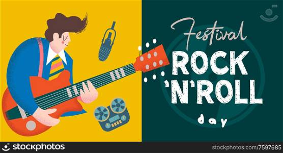 Guy with a guitar playing rock and roll. International rock and roll day. Vector template for festival posters, rock and roll day parties.. International rock and roll day. Vector template for festival posters, rock and roll day parties.