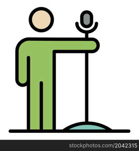 Guy with a microphone icon. Outline guy with a microphone vector icon color flat isolated. Guy with a microphone icon color outline vector