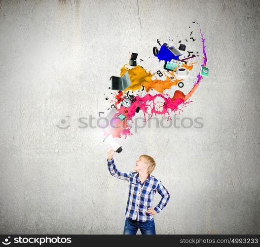 Guy with megaphone. Young man in casual announcing something in megaphone