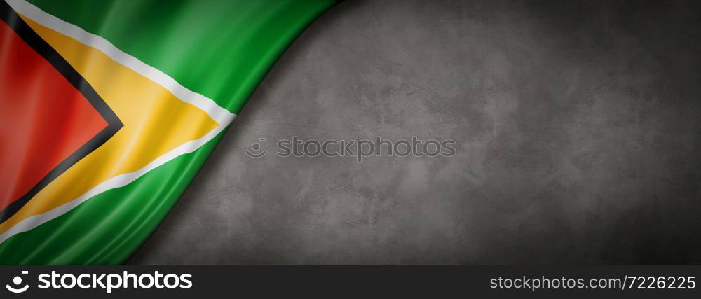 Guyana flag on concrete wall. Horizontal panoramic banner. 3D illustration. Guyanese flag on concrete wall banner