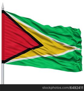 Guyana Flag on Flagpole , Flying in the Wind, Isolated on White Background