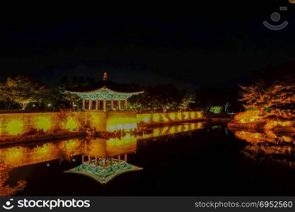 Gyeongju, South Korea -November 1, 2017 : Donggung Palace and Anapji Pond at Night, Gyeongju, South Korea.