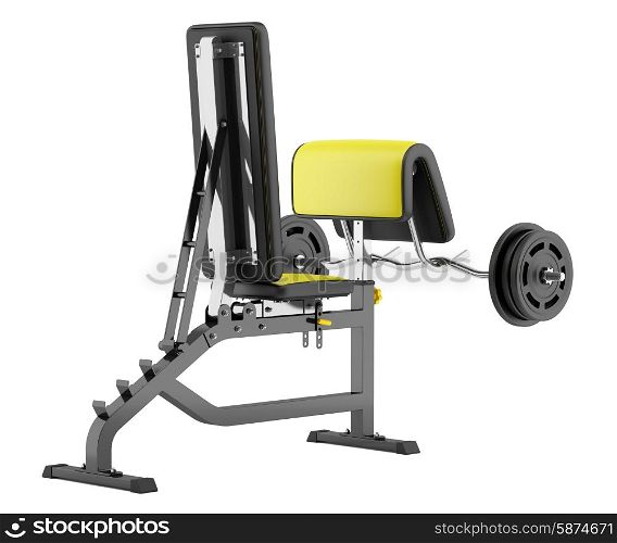 gym arm curl bench with barbell isolated on white background