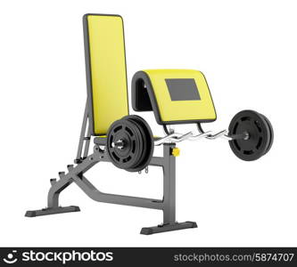gym arm curl bench with barbell isolated on white background