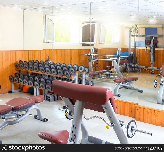 Gym interior body buliding weights exercise room wooden wall