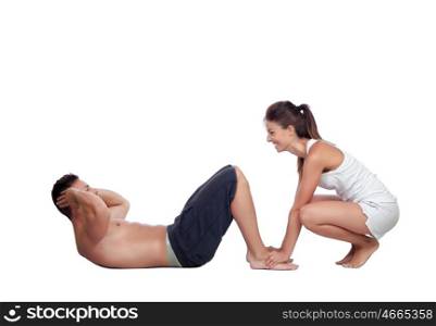 Gym men exercising with his personal trainer isolated on a white background