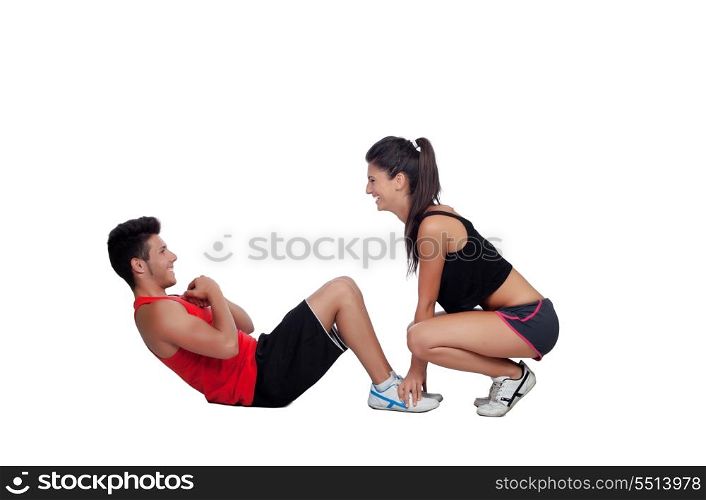 Gym men exercising with his personal trainer isolated on a white background