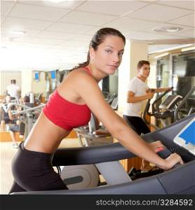 Gym treadmill running young woman interior monitor screen