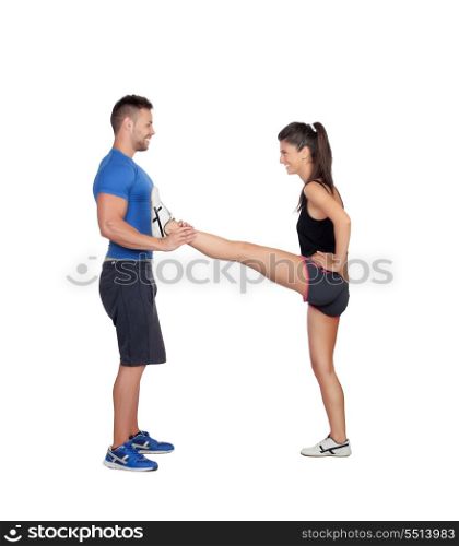 Gym women exercising with her personal trainer isolated on a white background
