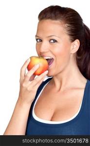 Gymnastics girl eating apple isolated on white background