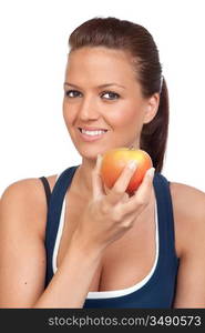 Gymnastics girl with an apple isolated on white background