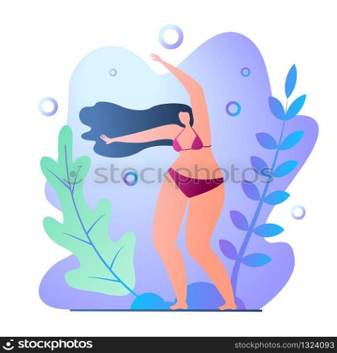 Gymnastics Summer on Beach Vector Illustration. Girl in Bathing Suit Swinging to Beat Music. Woman Dancing on Beach against Blue Sky. Idea for Relaxing at Sea or Ocean Cartoon Flat.