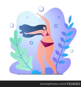 Gymnastics Summer on Beach Vector Illustration. Girl in Bathing Suit Swinging to Beat Music. Woman Dancing on Beach against Blue Sky. Idea for Relaxing at Sea or Ocean Cartoon Flat.