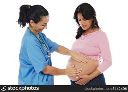 Gynecologist and an pretty girl pregnant on a over white background