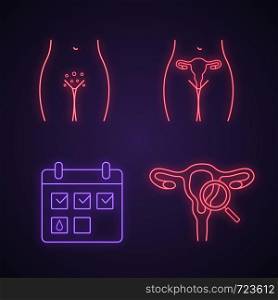 Gynecology neon light icons set. Genital rash, female reproductive system, menstrual calendar, gynecological exam. Glowing signs. Vector isolated illustrations. Gynecology neon light icons set