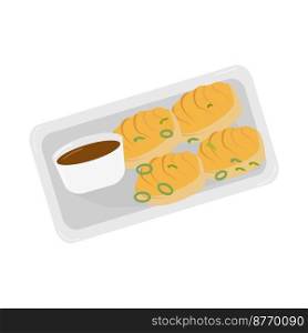 Gyoza pies with soy sauce decorated with green onions on a rectangular plate on a white background. Gyoza pies with soy sauce and onion