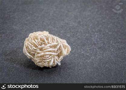 Gypsum rosette (desert rose) on slate stone background with a copy space