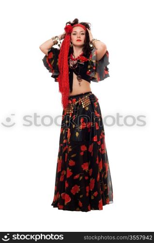 Gypsy woman in a black skirt. Isolated on white