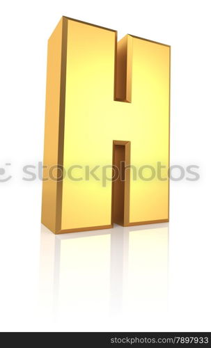 H letter. Gold metal letter on reflective floor. White background. 3d render