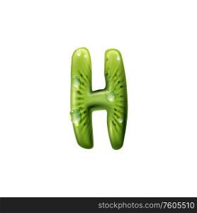 H letter, kiwi with water drops, summer alphabet. Vector h sign, ABC part. Letter H sign, vector kiwi fruit font alphabet