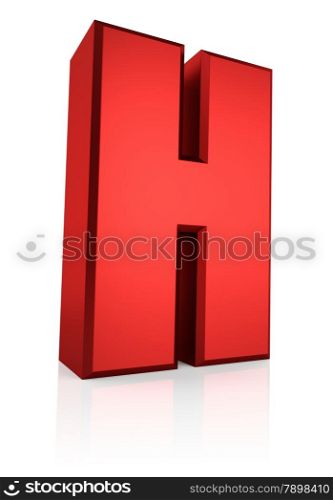 H letter. Red letter on reflective floor. White background. 3d render