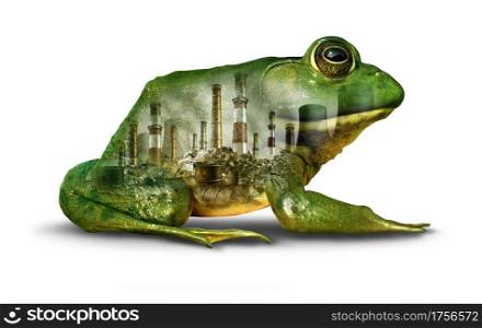 Habitat Pollution Concept and environmental damage or climate change urgency idea as a green frog infected with pollution and toxic chemicals with 3D elements on a white background.