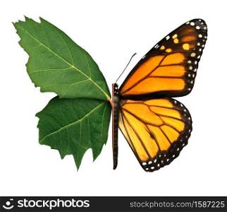 Habitat symbol and ecology concept as a leaf and butterfly isolated on a white background in a 3D illustration style.