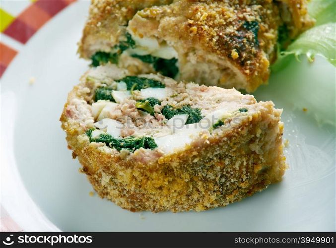 Hackbraten - meatloaf with spinach and cheese.German cuisine