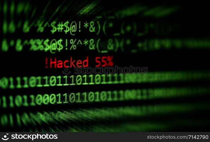 Hacked computer technology binary code number data alert ! Hacked 55% on display screen / Criminals internet activity or cyber thief security hacking concept - selective focus