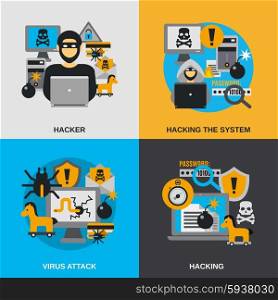 Hacker design concept set with virus attack flat icons isolated illustration. Hacker Flat Set