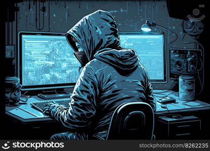 Hacker in a blue hoody standing in front of a code background. Neural network AI generated art. Hacker in a blue hoody standing in front of a code background. Neural network AI generated