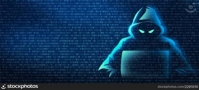 Hacker in binary code digital background. Cyber crime and internet privacy hacking. Network security, Cyber attack, Computer Virus, Ransomware, and Malware Concept. 2D illustration.