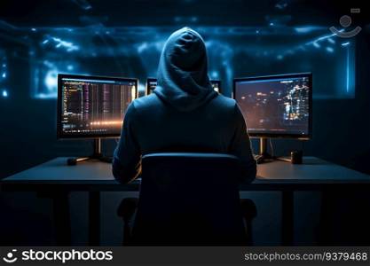 Hacker in dark room , Internet crime concept. Generative AI