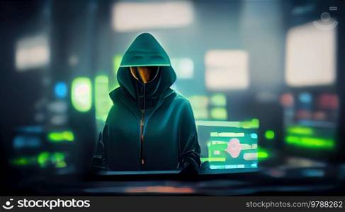 Hacker in hood with unvisible face, cyber security or darknet concept. Hacker in hood