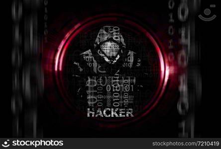 Hacker man in hoodie with laptop flat isolated on dark background
