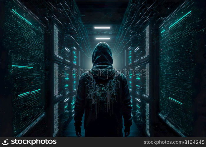 Hacker using abstract laptop with binary code digital interface, servers data center room , cyber war Hacking and malware concept , Generative Ai