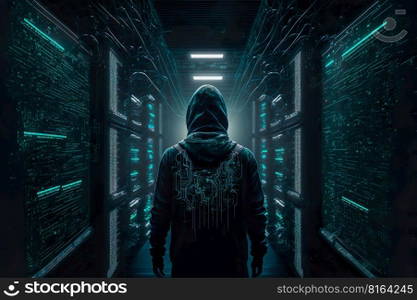 Hacker using abstract laptop with binary code digital interface, servers data center room , cyber war Hacking and malware concept , Generative Ai