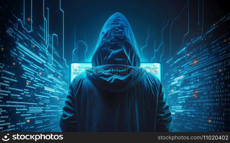 Hacker with binary code digital interface. Metaverse digital world technology. Internet crime, Hacking, and Malware concept. Generative Ai.